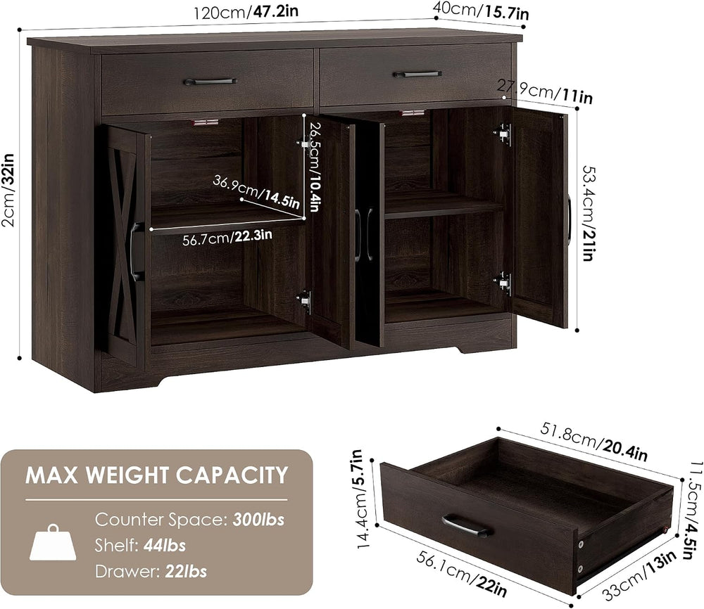 HOSTACK 47" W Kitchen Sideboard Buffet Cabinet with Storage Drawers, Bro...