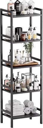 HITNET 5 Tier Narrow Bookshelf, Bamboo Bookcase, Slim Tall Storage Rack Free Standing Shelving Unit with Adjustable Shelves for Living Room Bedroom Bathroom, Black