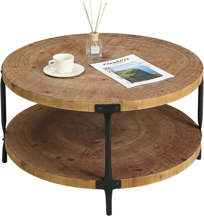 Awescuti Round Boho Wood Coffee Table - 29.1" Farmhouse Natural Circle Wooden 2-Tier Coffee Tables Living Room Furniture, 29.1" D x 18.3" H, Natural Wood Color