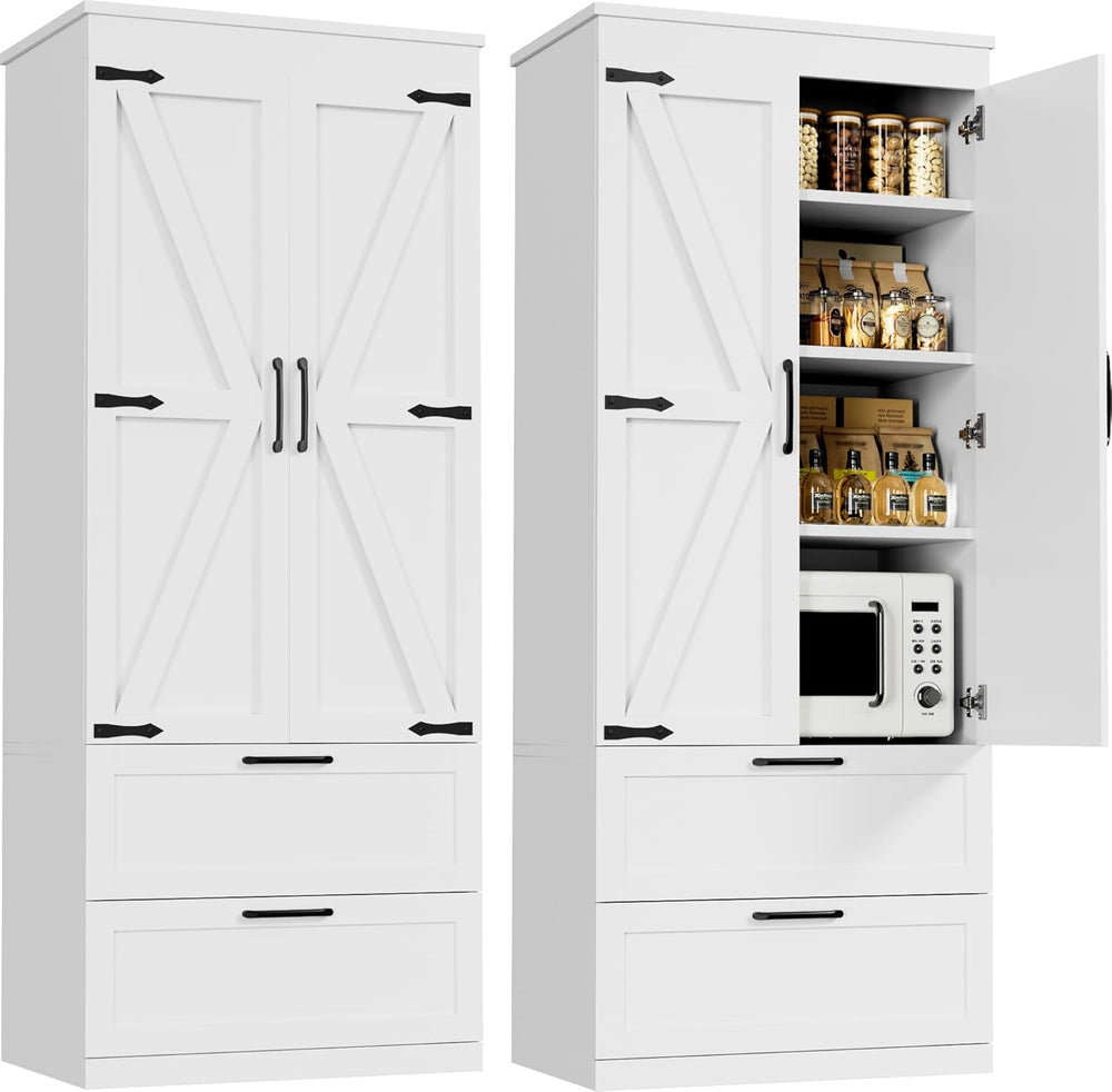 71” H Kitchen Pantry Cabinet, 4-Tier Farmhouse Storage Cabinet with Barn Door...