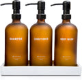 Frosted Amber Glass Shampoo and Conditioner Dispenser Set – Refillable 16 OZ Bottles with Pump, Concrete Tray Included – Modern Bathroom Organization
