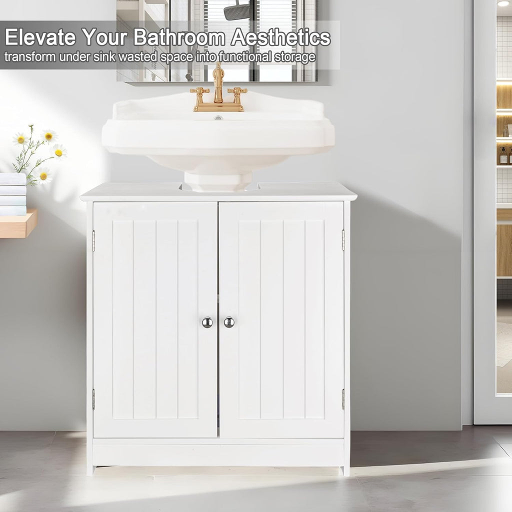 Pedestal Sink Storage Cabinet, Under Sink Cabinet with 2 Doors and Adjustable Shelf, Bathroom Sink Cabinet with U-Shape Cut-Out, Under Pedestal Sink Storage Cabinet for Bathroom, White