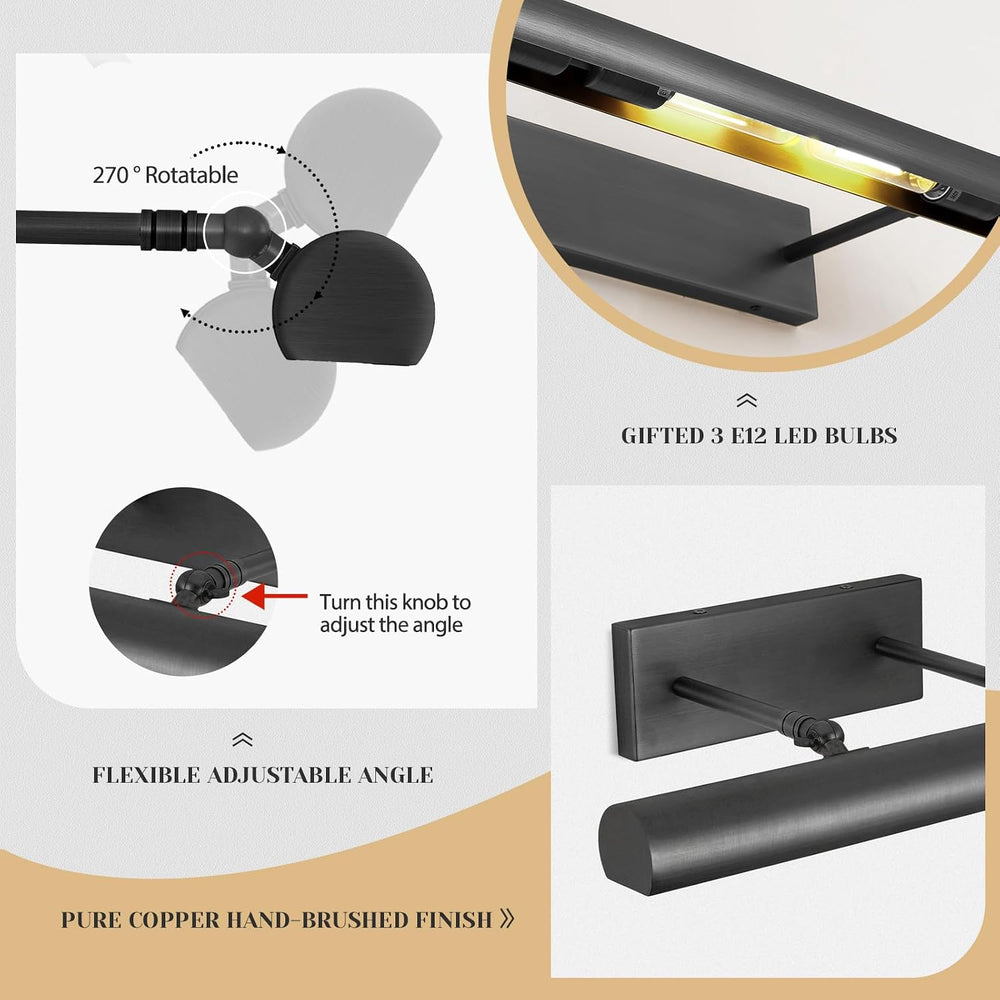 Matte Black Picture Lights for Wall, 24" Art Light Hardwired, 3-Light Br...