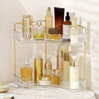 YCIA&DONE Corner Bathroom Counter Organizer, Makeup Organizer for Vanity, Skincare Cosmetic Perfume Tray, Corner Countertop Shelf Rack Storage for Bathroom Kitchen 2 Tiers (Clear White)