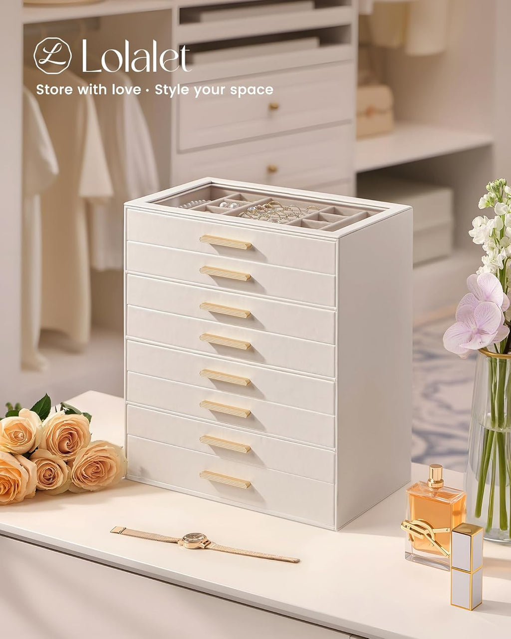 Lolalet Jewelry Box Organizer, 8-Layer Jewelry Organizers and Storage Case with Glass Lid, Ring Earring Bracelet Necklace Holder Organizer, Birthday Christmas Gifts for Women Girls -8Layer, Beige