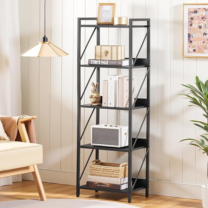 HOOBRO Bookshelf, 5-Tier Industrial Bookcase, Book Shelf Storage Organizer, T...