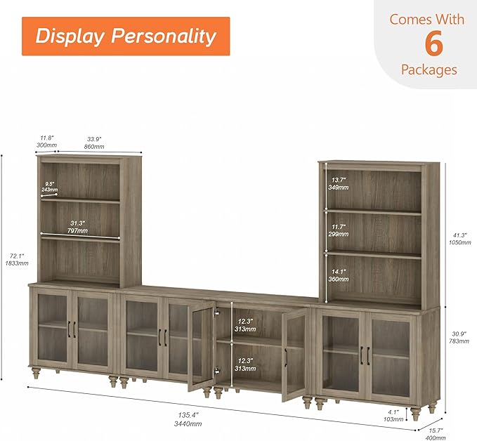 WAMPAT Entertainment Center with Bookshelves for TVs up to 75", Farmhouse Wall Unit TV Stand with Glass Doors, Media Console Table for Living Room, Bedroom & Home Theater, Wash Grey
