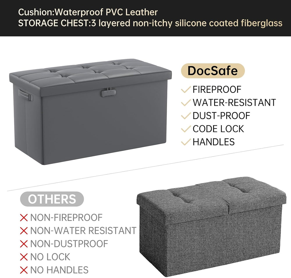 DocSafe Storage Ottoman Bench with Lock,Fireproof 30 Inches Folding Bench Foo...
