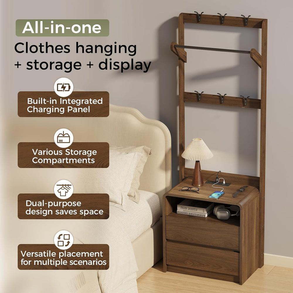 Messenya Mid Century Modern Bedroom Nightstand with Clothes Rack and Hooks | ...