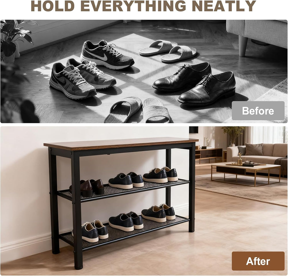 3-Tier Entryway Shoe Bench with Wood Seat, Industrial Metal Mesh Storage Rack...