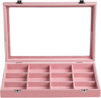 Frebeauty Velvet Jewelry Tray,12 Grid Jewelry Organizer with Clear Lid,Bracelets Holder,Jewelry Display Case with Clasp,Drawer Insert Bangle Brooch,13.8 x 9.5 x 2 Inches,Gift for Women Girls(Pink)