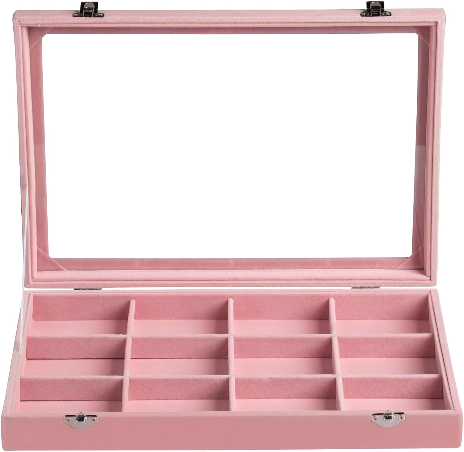 Frebeauty Velvet Jewelry Tray,12 Grid Jewelry Organizer with Clear Lid,Bracelets Holder,Jewelry Display Case with Clasp,Drawer Insert Bangle Brooch,13.8 x 9.5 x 2 Inches,Gift for Women Girls(Pink)