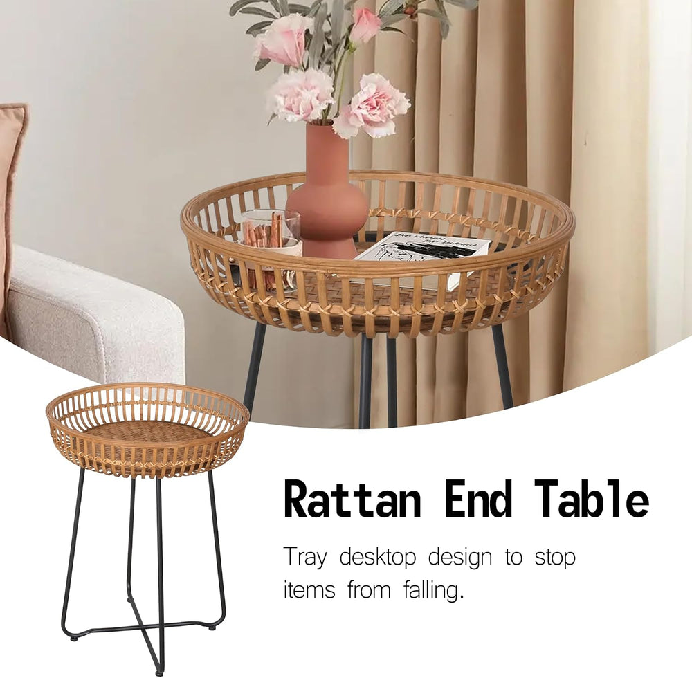 Oakrain Rattan End Table, Nesting Tables, Set of 2, Bamboo, Round, Metal Base...