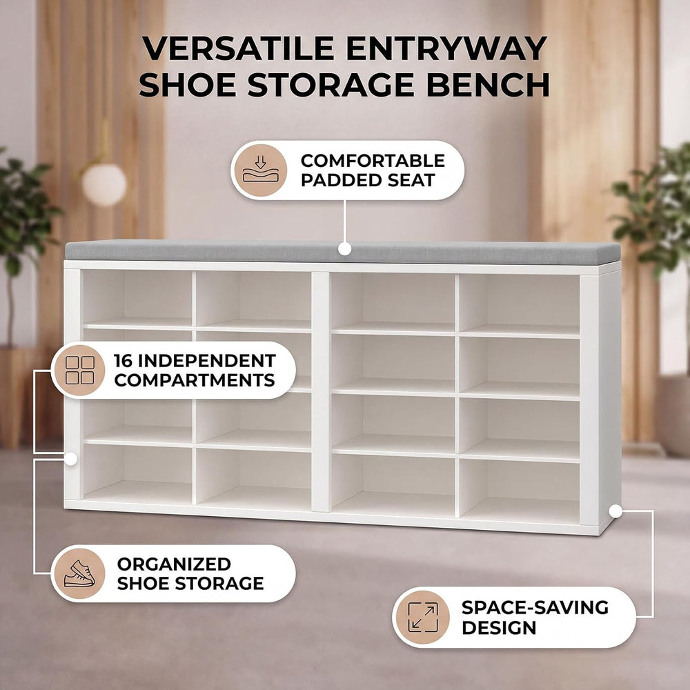 Shoe Storage Bench with Cushion Shoe Rack for Entryway 16 Cubby Multifunction...