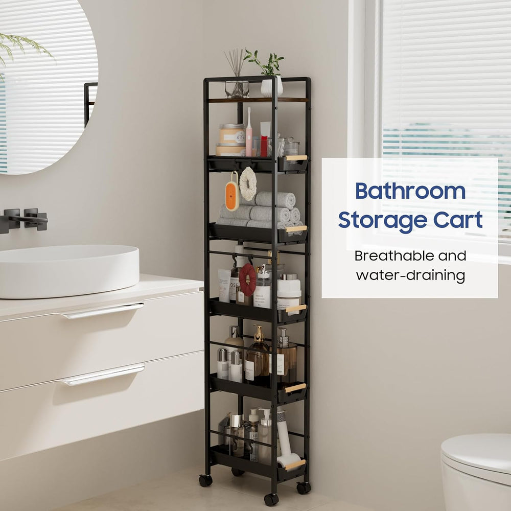 6 Tier Slim Storage Cart with Pull-Out Baskets Rolling Cart with Wheels Wood ...