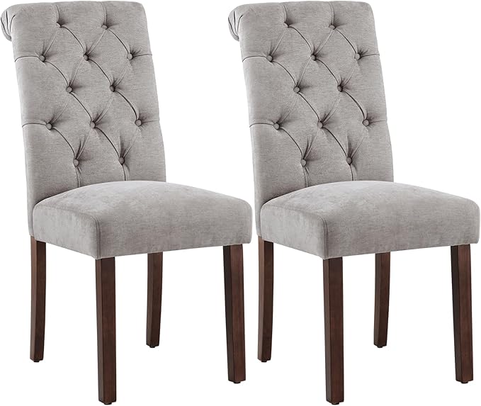 Tufted Dining Chairs Set of 2, Upholstered Parsons Dining Room Chairs, Fabric Kitchen Side Chair with Wood Legs, Light Grey