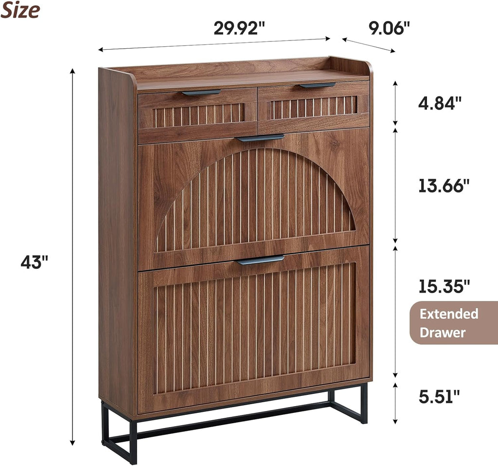 Fluted Shoe Cabinet Storage for Entryway – Narrow Shoe Rack with 2 Flip Drawers & 2 Storage Drawers, Freestanding Hidden Shoe Organizer for Foyer, Hallway (Walnut)