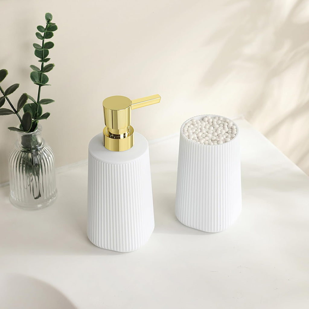Bathroom Accessories 2 Piece Soap Dispenser and Toothbrush Holder Set Striped White and Gold