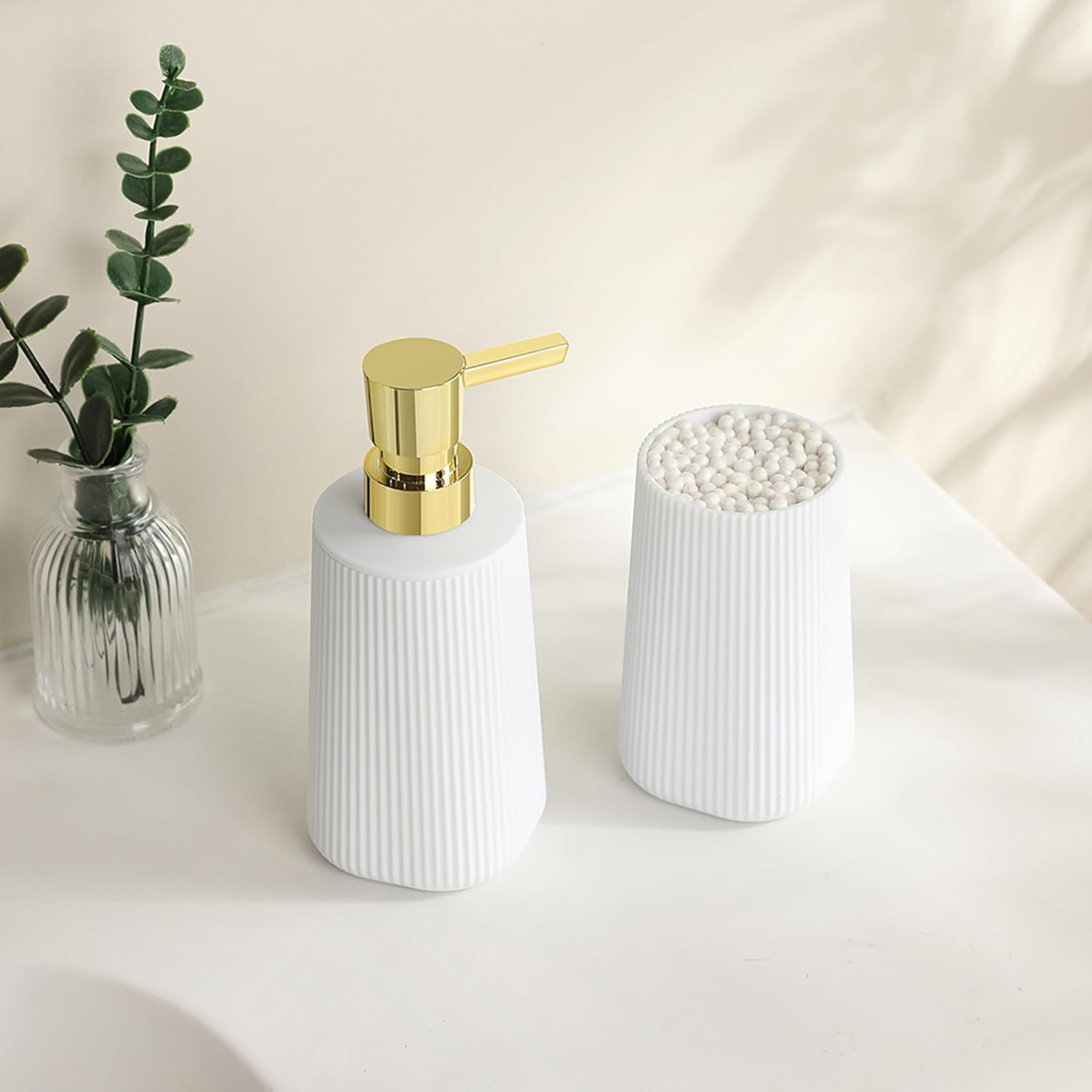 Bathroom Accessories 2 Piece Soap Dispenser and Toothbrush Holder Set Striped White and Gold