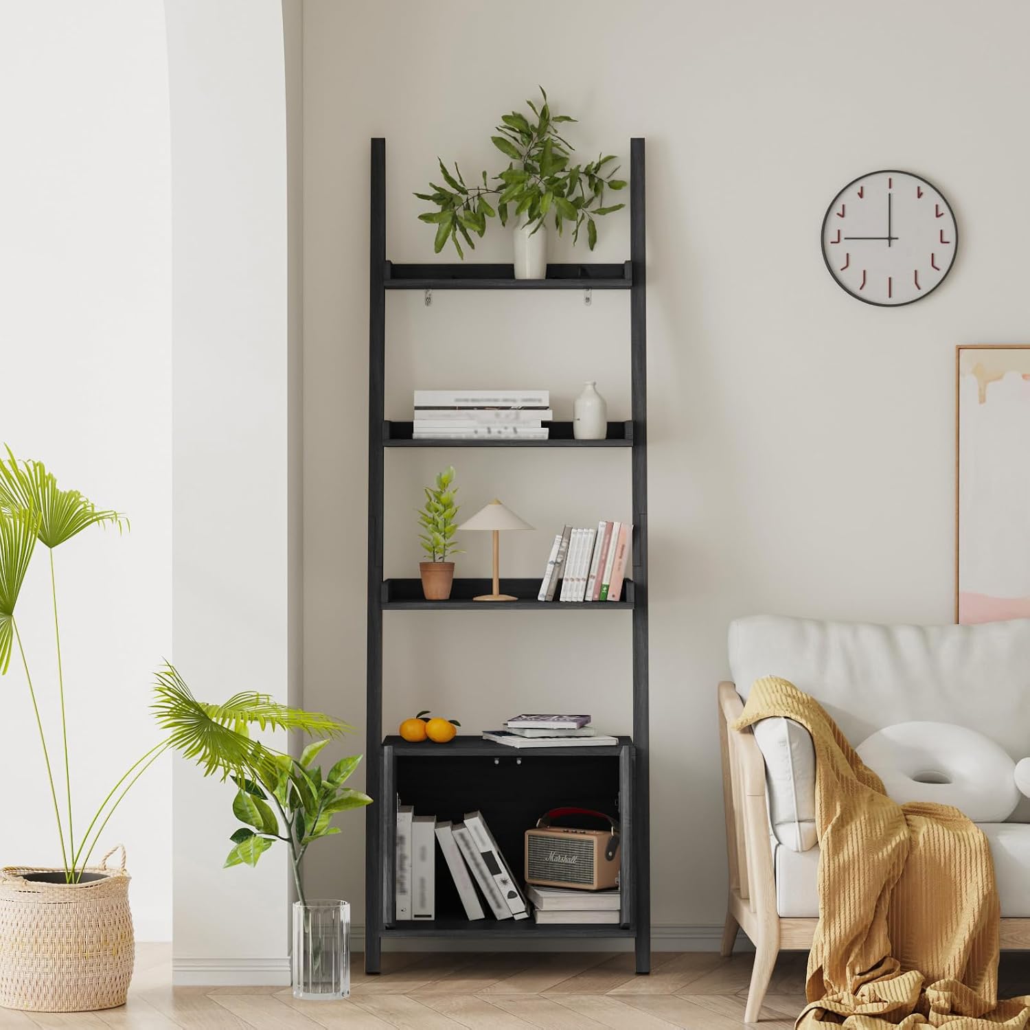 4-Tier Ladder Shelf,Modern Ladder Bookshelf Bookcase with Storage,Display Storage Shelf for Living Room Bedroom Kitchen Office,Black