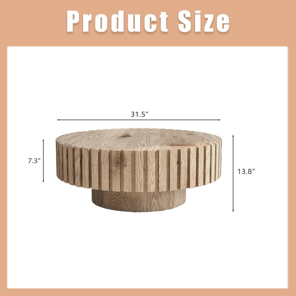 Round Wood Coffee Table for Living Room Modern Rustic Fluted Solid Wood Coffee Table Pedestal Center Table Circle Tea Tables for Apartment Easy Assembly(31.5''Oak Natural)