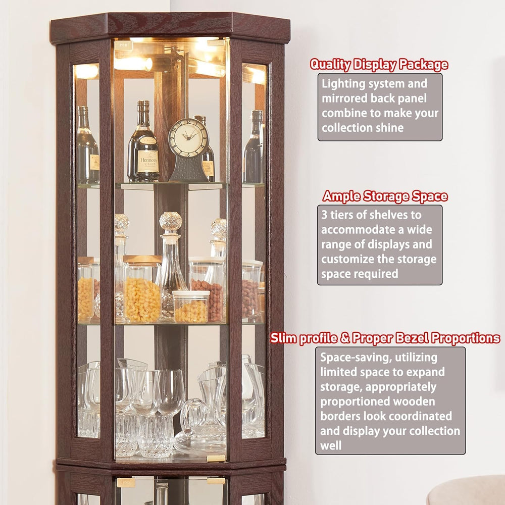 69" H Lighted Corner Curio Cabinet, 5-Tier Curio Glass Display Cabinet w...