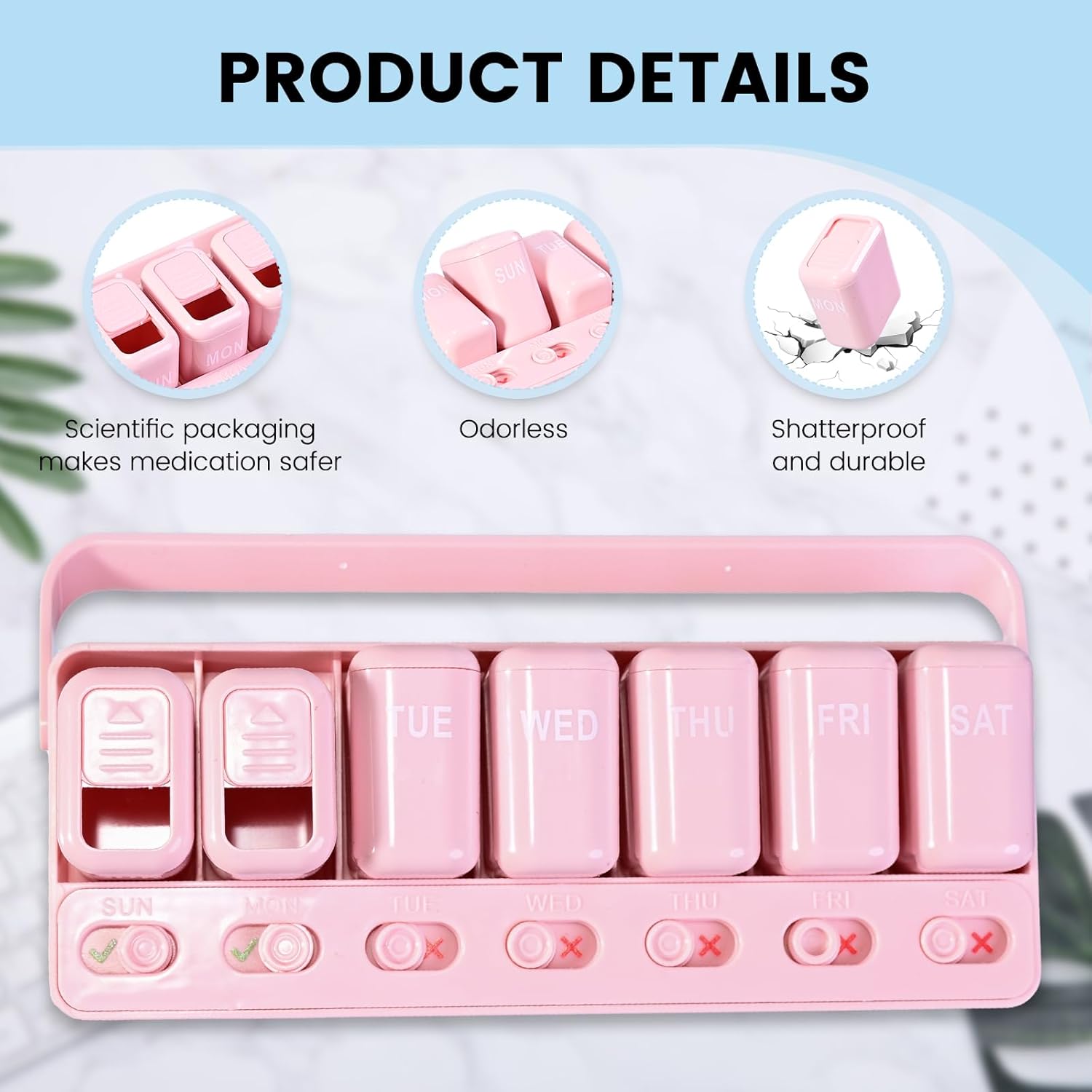 Pill Organizer Easy-Slide Lid, Removable 7 Day 1 Time a Day Pill Box, Large Travel Pill Case, Week Once Daily Medication Dispenser, Pill Container Holder for Supplement, Vitamin, Pink