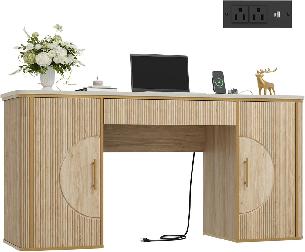 60" Fluted Computer Desk, Wooden Long Home Office Writing Desk with Draw...