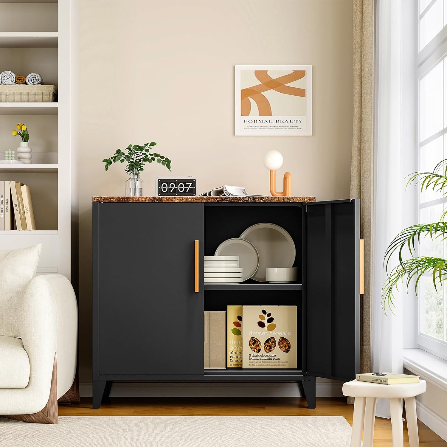 STANI Coffee Bar Cabinet with Storage,Small Kitchen Storage Cabinet,Pantry Cabinet,2 Doors, Metal, Adjustable Shelf, Kitchen,Coffee Bar, Garden, Entryway, Table Cupboard,16" Dx 32" Wx30 H Black