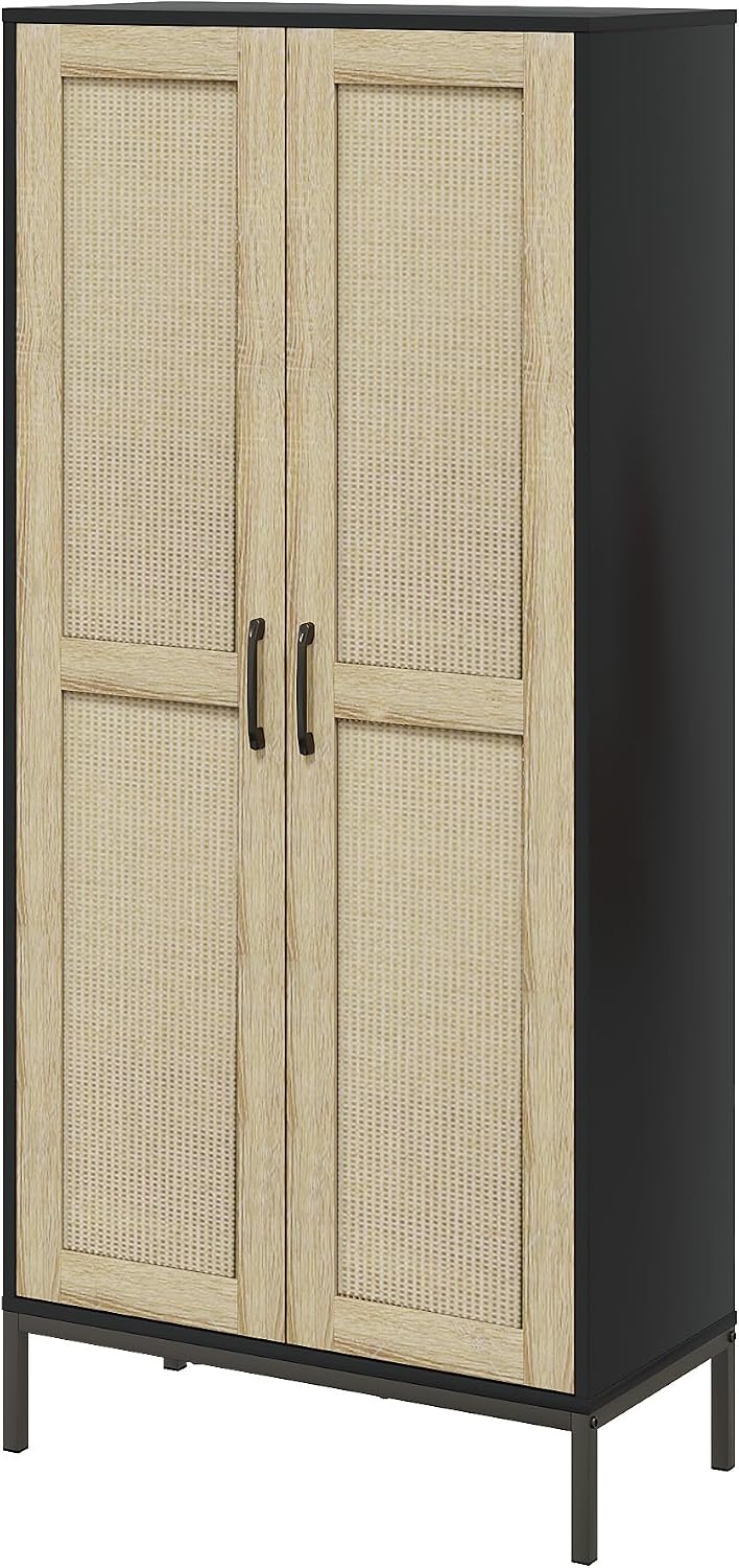 60" Tall Kitchen Pantry with 2 Rattan Doors and 3 Adjustable Shelves,Fre...