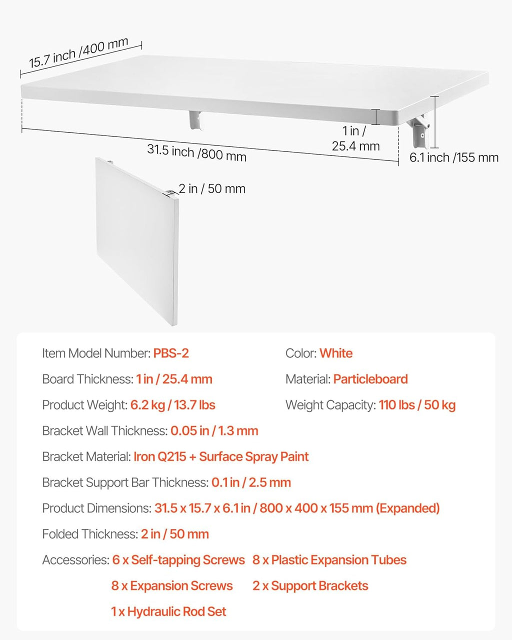 VEVOR Wall Mounted Folding Table, 31.5 x 15.7 inches Wall Mount Table, Floating Desk with Iron Bracket for Small Spaces, Home Office, Dining, Laundry Room, Kitchen, Bar, White