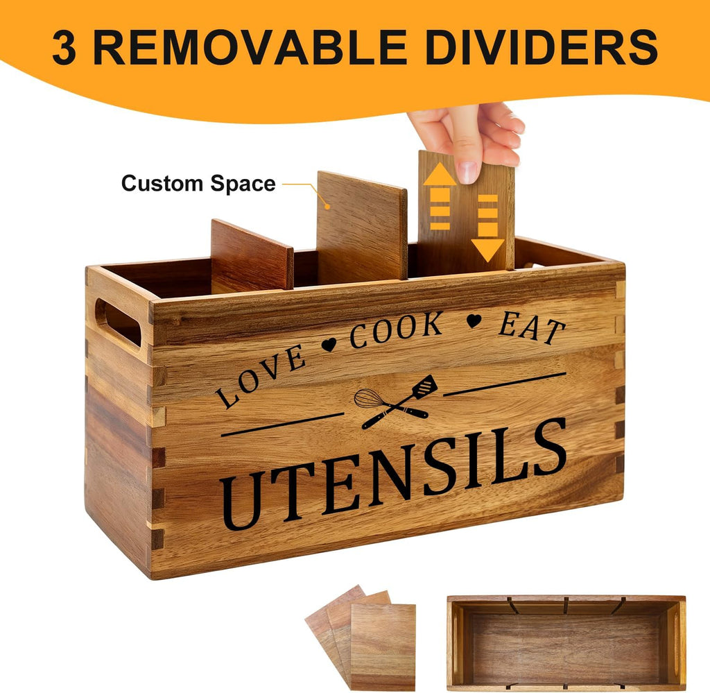 Acacia Wood Kitchen Utensil Holder Countertop Large Cooking Spoon Organizer | Farmhouse Wooden Spatula Holder for Party Counter Utensils Caddy Rustic Kitchen Accessories Decor Extra Large Utensil Crock