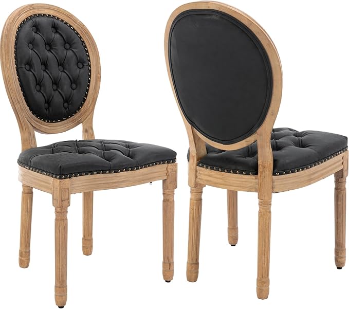 French Country Dining Chairs Set of 2, Black Kitchen & Dining Room Chairs Set of 2, Faux Leather Kitchen Chairs, Tufted Upholstered, Wood Legs, Sillas De Comedor (PU, Black, 2Pcs)