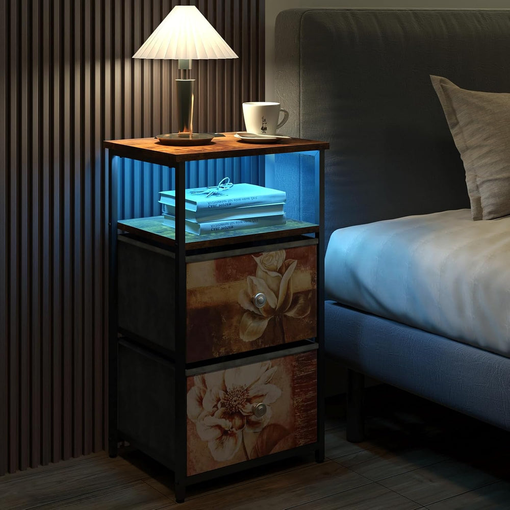 ALBAD Nightstand with Charging Station and LED Lights, Brown Flower Drawers |...