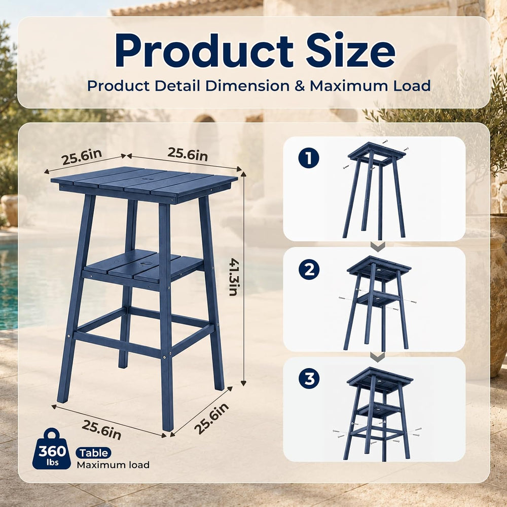 HDPE Square Outdoor Bar Table, All-Weather Bar Height Patio Table, Navy Blue