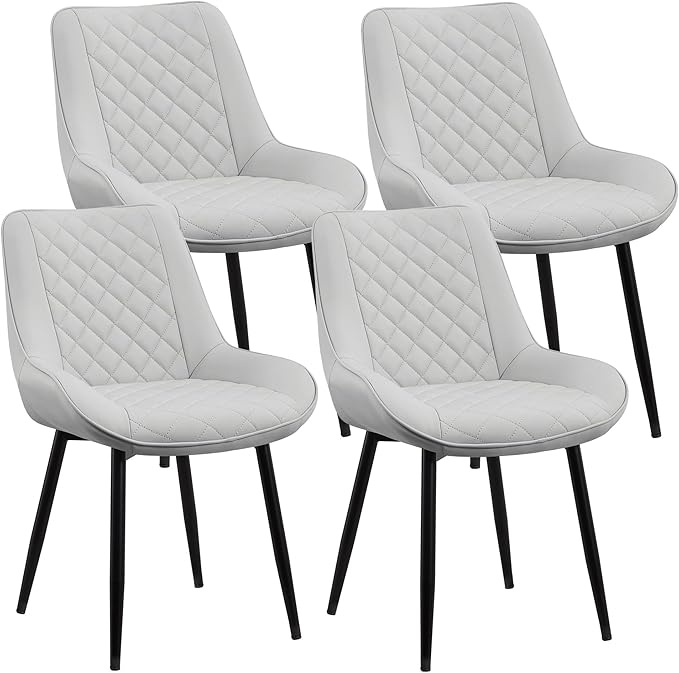 Dining Chair Set of 4, Modern Dining Chairs with Thick Cushions, Faux Leather Upholstered Kitchen Dining Room Chairs with Metal Adjustable Legs for Dining Living Room, Light Grey