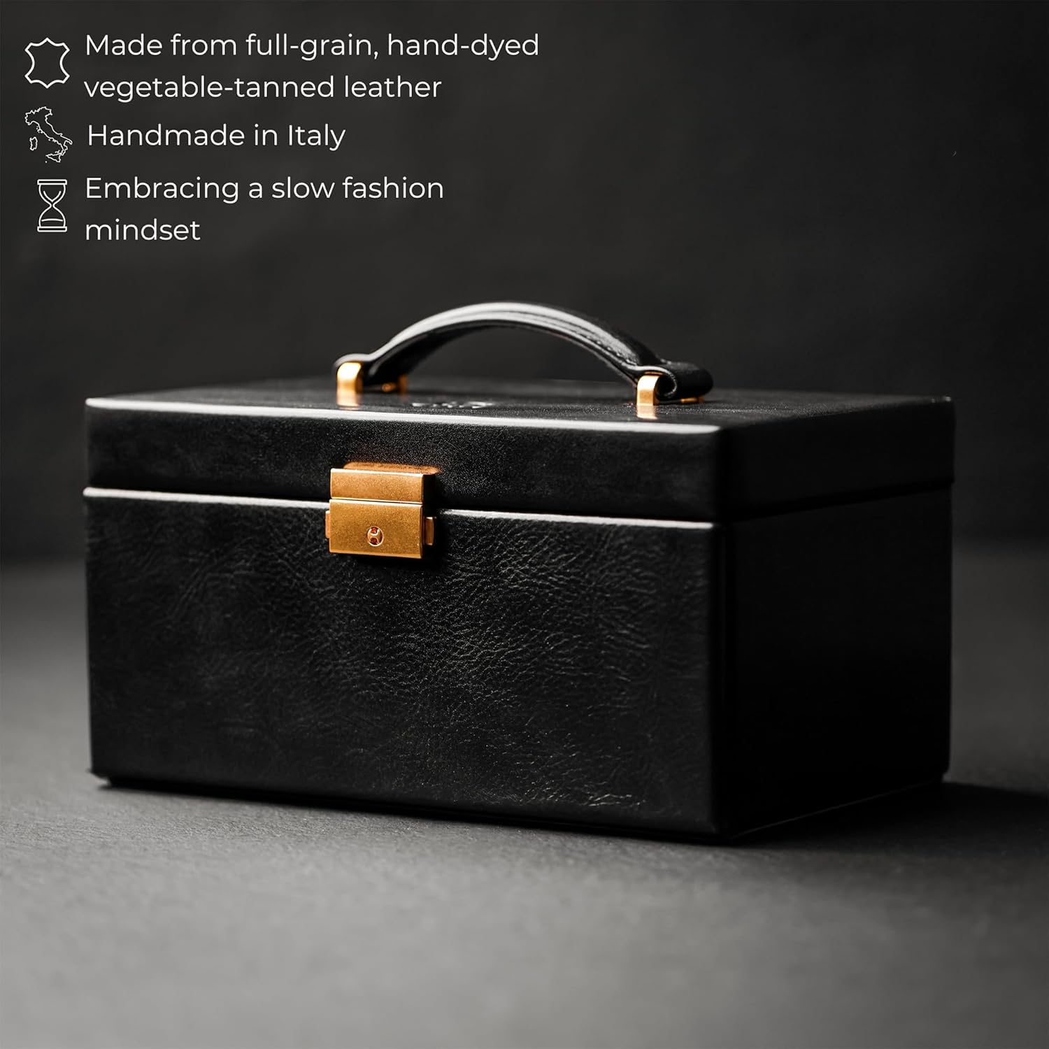 Time Resistance Jewelry Box - Full Grain Leather Jewellery Organizer - Accessories Storage Key Lock - Jewellery Box (Black)