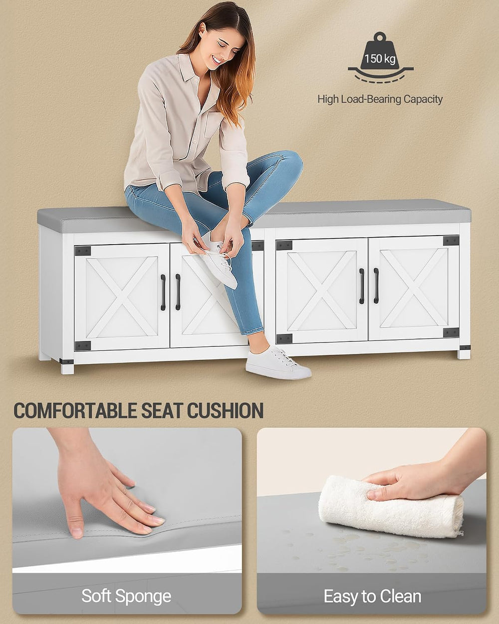 Hzuaneri 59" Shoe Storage Bench, with Soft Padded Seat Cushion & Doo...
