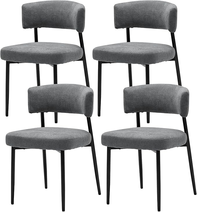 Sweetcrispy Dining Chairs Set of 4, Boucle Fabric Modern Mid Century Round Kitchen Chairs with Curved Backrest & Metal Legs for Vanity, Living Room - Modern Grey