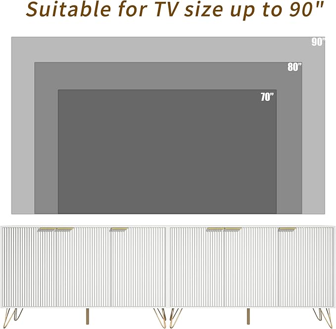 TV Stand for 90 inch TV Modern Entertainment Center Cabinet with 6 Doors Wood Media Console Storage Cabinets for Living Room Bedroom, White