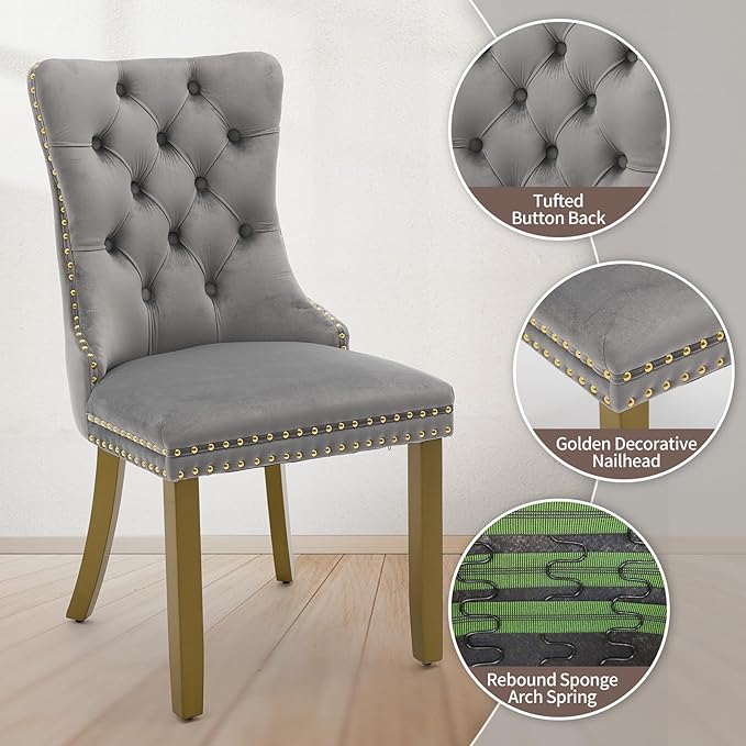 Velvet Dining Chairs Set of 4, High-end Tufted Upholstered Dining Chair with Back Ring Pull, Nailhead Trim and Golden Solid Wood Legs, Modern Dining Room Chairs for Dining Room, Light Gray