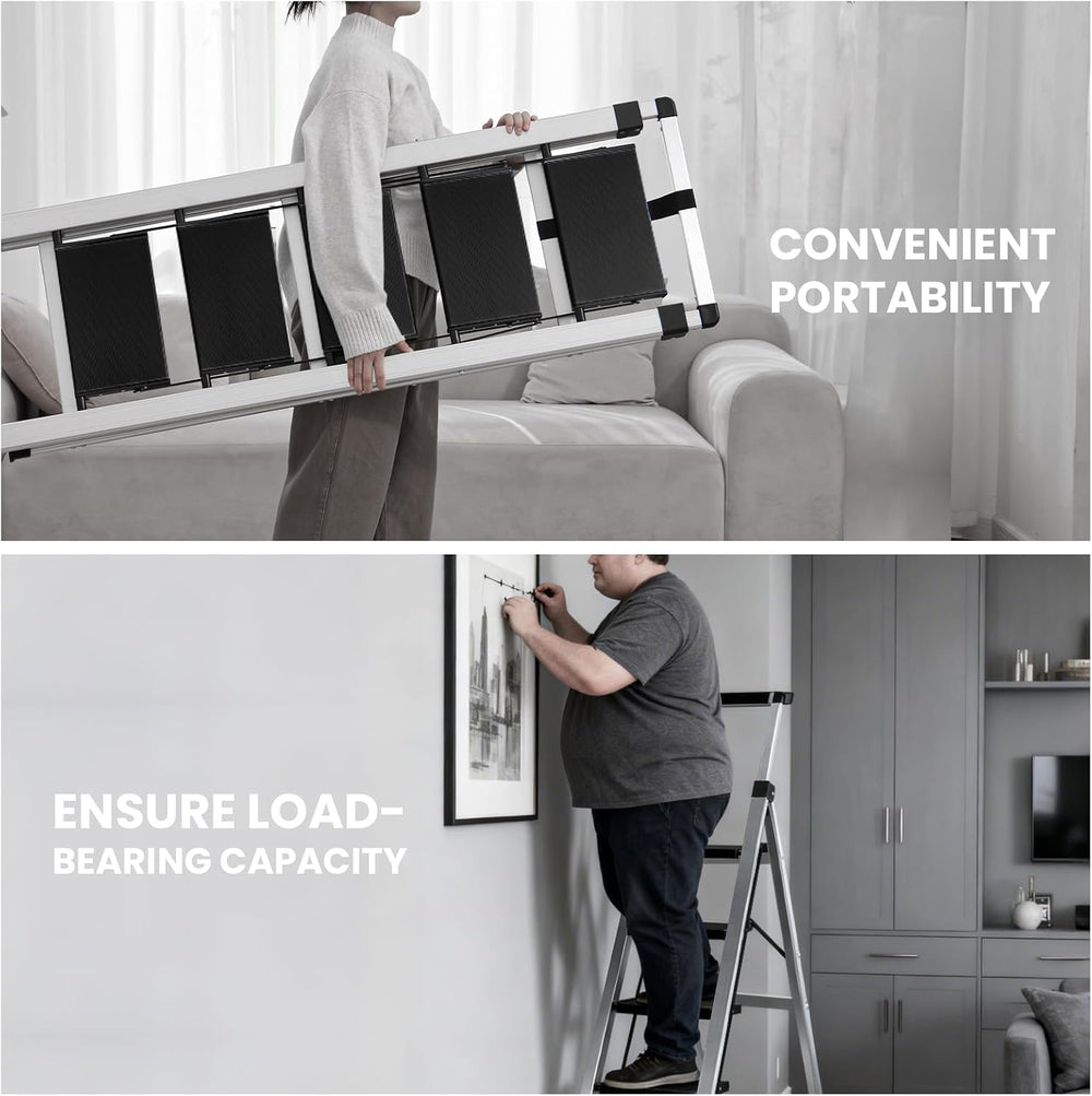 4 Step Ladder Folding Aluminum Stool Retractable Handrail