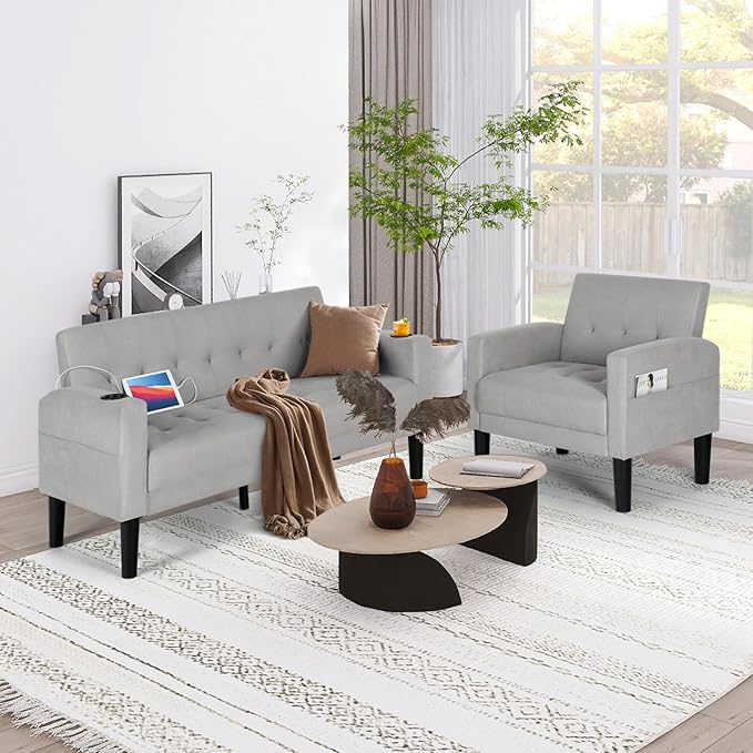 AILEEKISS 2 Piece Living Room Sofa Set Loveseat Sofas Sets with 2 USB, Cup Holders, Side Pocket, Modern Fabric 2 Pcs Sectional Couches Set for Apartment, Office, Bedroom (2-Seat+1-Seat, Light Grey)