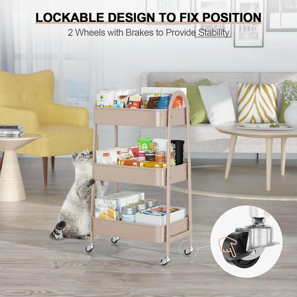 EAGMAK 3 Tier Utility Rolling Cart, Metal Storage Cart with Handle and Lockab...