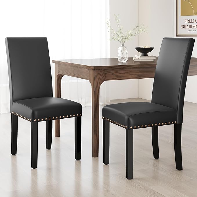 LSSBOUGHT Dining Chairs Set of 2, Modern Dining Room Chair,Upholstered Pu Leather Kitchen Chair with Vintage Copper Nail for Restaurant & Cafe(Black,2pcs)