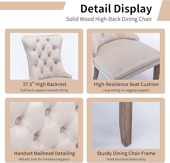 Modern Dining Chairs Set of 8, Tufted Upholstered Dining Chair with Solid Wood Legs, Beige Velvet Accent Chair, Sillas de Comedor, Kitchen & Dining Room Chairs (Beige, Velvet, 8Pcs)
