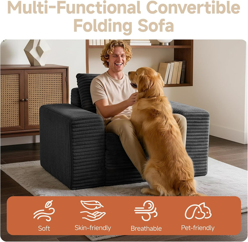 45" Convertible Sofa Chair Bed for Small Spaces, Corduroy Sleeper Chair with High Density Foam, No Assembly Folding Couch Chair with Armrests for Apartment Bedroom Guest Room