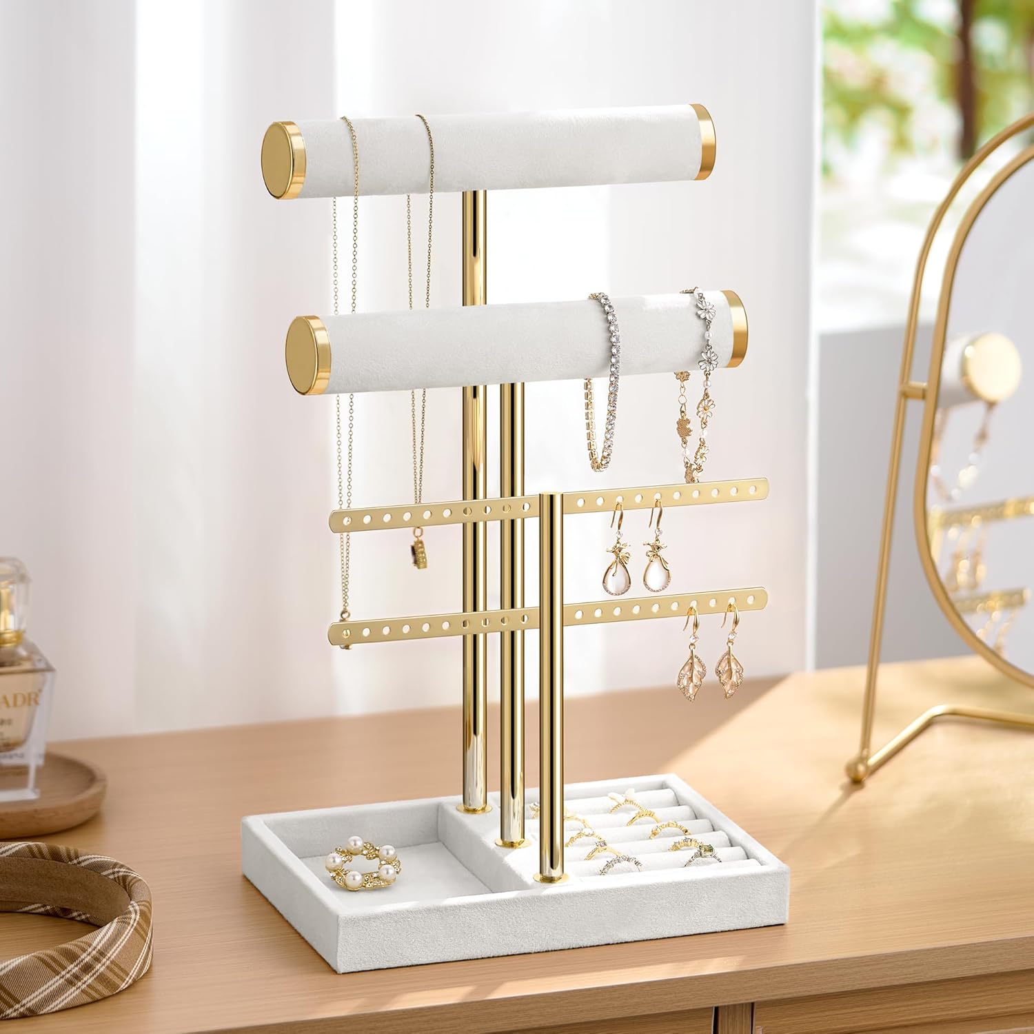 Bracelet Holder Jewelry Organizer Display - 3 Tier T Bar Velvet Stand, Black Jewelry Storage for Bracelet, Necklaces, Earrings, Rings, Watches