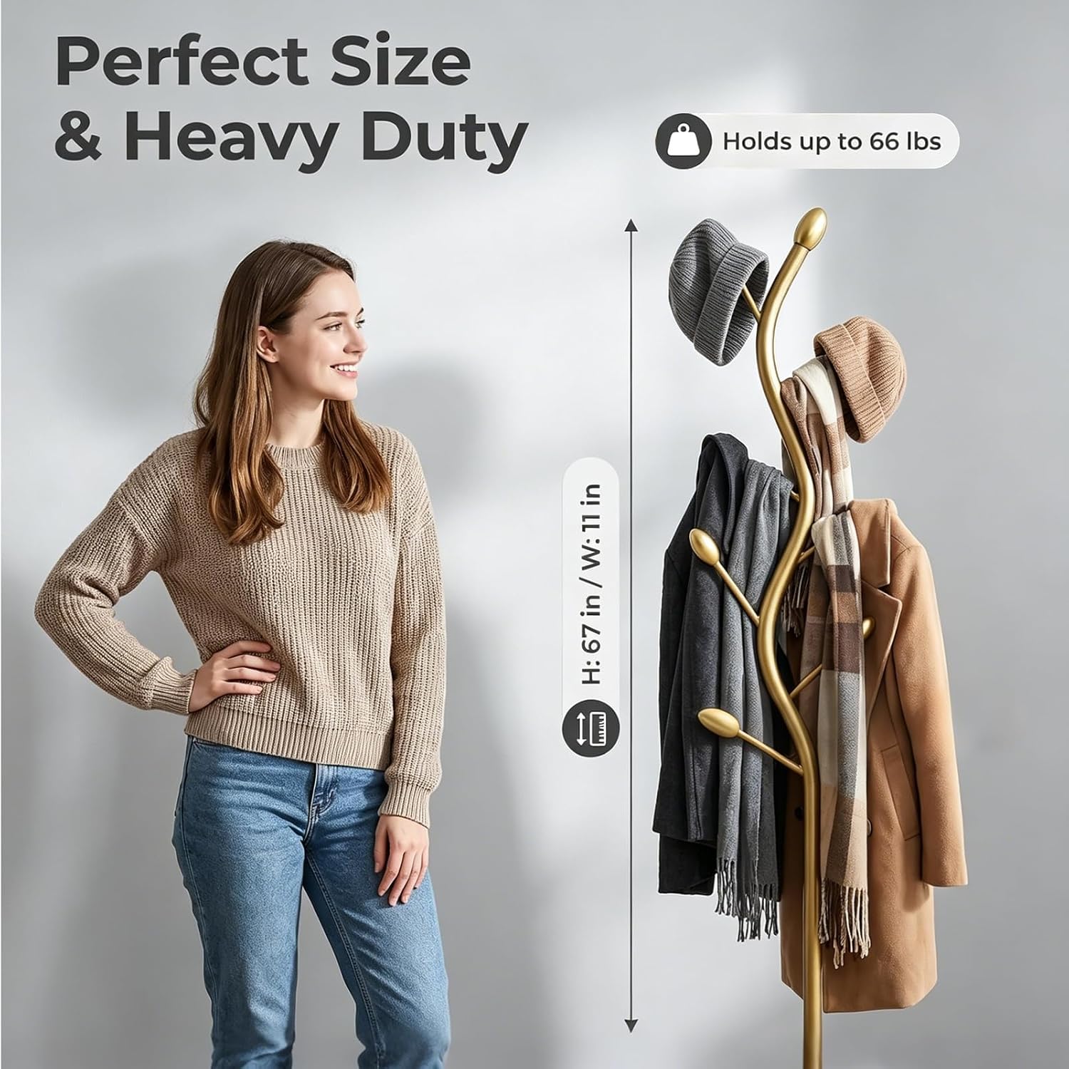 Coat Rack Freestanding, Artistic Tree-Shaped Gold Metal Hall Tree with Heavy-Duty Marble Base, Elegant Corner Garment & Purse Tree with 8 Rounded Hooks for Entryway, Bedroom, Office