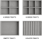 Frebeauty Small Jewelry Tray Set, Stackable Velvet Jewelry Organizer, Drawer Inserts, 4.92 x 3.74 x 0.9 Inches, Earring Organizer for Women (Set of 9, Grey)